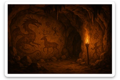 a cave with ancient cave paintings on the walls, torchlight, fantasy style sticker