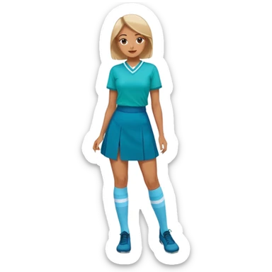 woman wearing teal wrap shirt, blue a-line skirt, light blue knee-high socks sticker