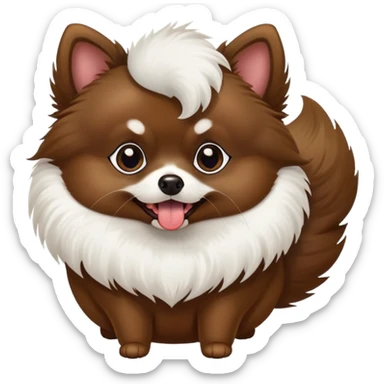 A dark brown Pomeranian with pointed ears and a tongue sticking out. It has white fur only under its lips and on its belly. The ears are pointed. The tail is curled like a snail. sticker