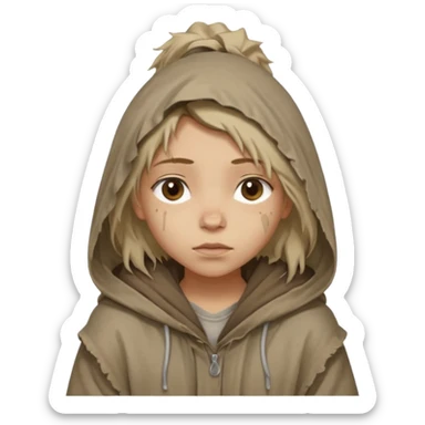 Young beggar little girl character, chest-up portrait, wearing worn and oversized clothes, hair is visible, no hat or such, neutral earth-tone fabric, slightly messy hair peeking from under a hood, tired but gentle eyes, subtle dirt marks on face, sticker