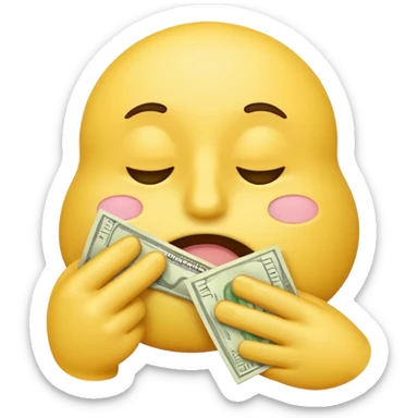 yellow emoji character wiping its nose with a stack of money, expressive face, classic emoji style sticker