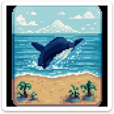 A sea in blue pastel colors, pixel art style, add a whale sticker