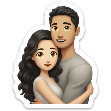 A half pale Asian man with short dark hair and amber eyes embracing and loving a half Asian woman with long wavy dark hair and dark hazel eyes. They love each other a lot And have good fashion taste and are hugging each other tight  sticker