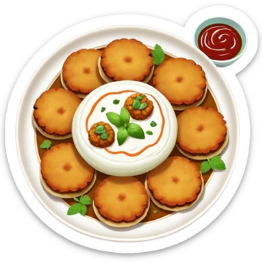 Aloo Tikki Chaat, Indian street food with potato patties, yogurt, and chutneys sticker