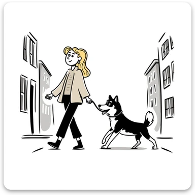 Blonde woman wearing a sweater walking a happy Siberian husky in New York City on an upper east side city sidewalk  sticker