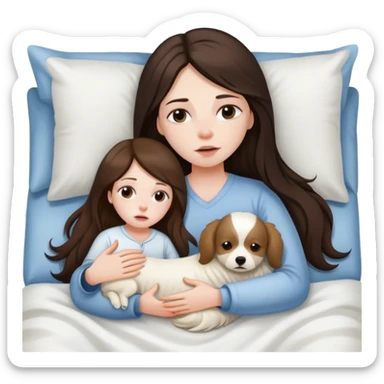 Brunette Long hair sick in bed with little white dog sticker