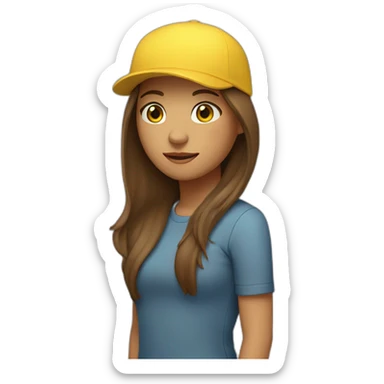 a girl with long brown hair, with a bandaid in her nose and a yellow backward cap sticker