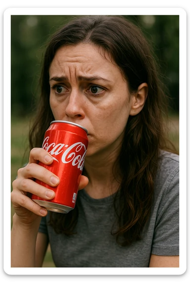 donna con ansia. Che beve coca cola. Immagini realistiche sticker