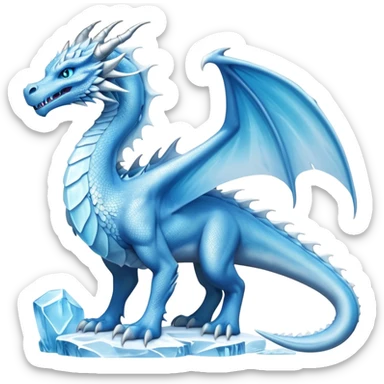 Cinematic Noble wise elegant Ice Dragon full body  Emoji, Poised and imposing, distinct long elegant snout, with a slender, scaled body shimmering in glacial hues of icy blue, frostbitten silver, and crystalline white, breathing out frost, with piercing, glowing ice blue white eyes that radiate the chilling depths of an arctic storm; rendered in detail. excuding wisdom sticker