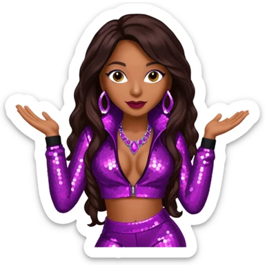 Mya, R&B Singer with dark brown long hair, meganta sequin outfit sticker