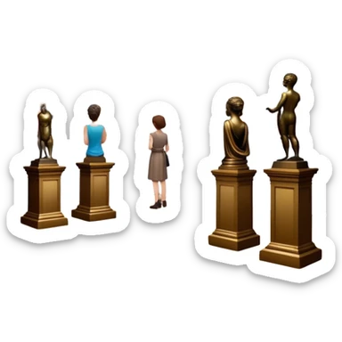 An icon featuring an elegant art gallery with classic paintings hanging on the walls, and sculptures displayed on pedestals. Visitors admire the exhibits, capturing the essence of culture, history, and art. Set against a transparent background. sticker