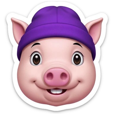 cheerful pig in a purple beanie, long black hair sticker