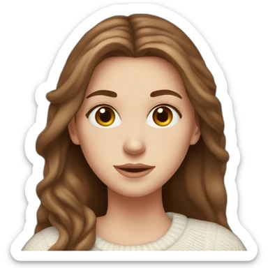  white girl with long brown hair, thin in a white sweater has heart eyes sticker