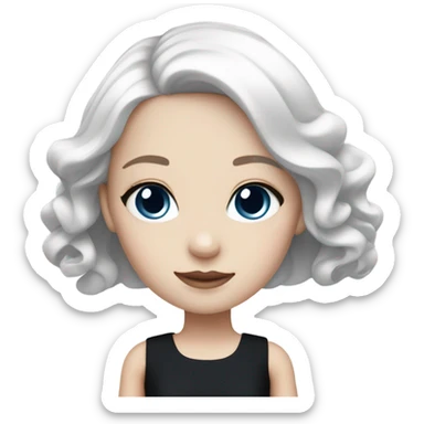 Pale girl, straight white hair, wide, dark blue eyes, doll-like makeup and a cute black dress sticker