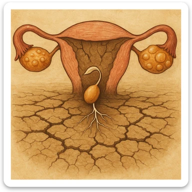 conceptual image of embryo represented as small seed unable to root in dry and cracked uterine soil, visible ovarian cysts, illustrative style sticker
