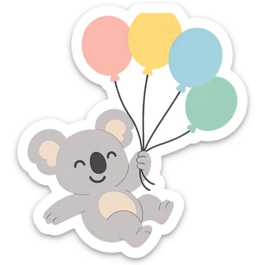 koala floating with pastel balloons, happy face, pastel-toon style sticker