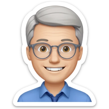 30 yr old pale white man, grey side swept hair, round glasses, big smile, white teeth, handsome, longer hair, thin glasses, blue dress shirt sticker