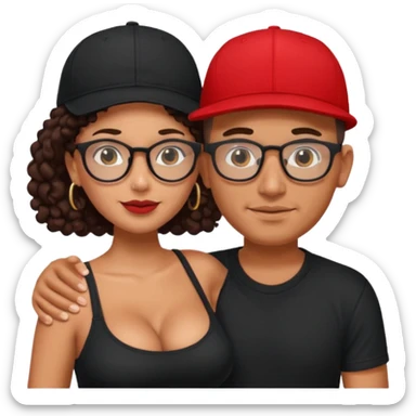 A picture of an embracing tanned couple. the man is a Mexican man with tanned skin, with a bald hair cut wearing a red SnapBack hat and wearing a black shirt. the woman is mixed, with glasses,  with long curly dark brown hair and with big boobs.  sticker