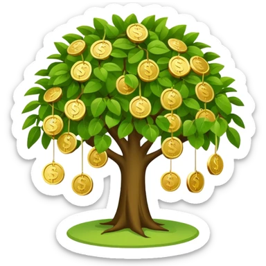 Apple-style money tree (not so mush coins), round soft green canopy.
No pot, no ground — only the tree.
Small gold coins as fruits inside the leaves (not below).
Flat 2D vector, clean shapes, no gradients.
Dark near-black background, premium fintech icon. sticker