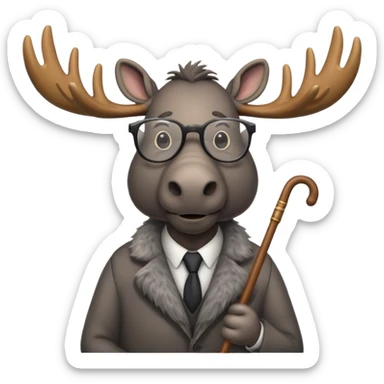 Create a slack emoji of a moose that looks very old.  He may have grey hair, glasses, and a cane. sticker