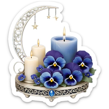 A dreamy celestial composition showcasing deep blue pansies with velvety petals, arranged around an intricately carved pearl-colored candle. The silver crescent moon in the background radiates a soft, celestial glow, illuminating swirling clouds with a hint of stardust. Floating lanterns drift gently through the night sky, casting warm, golden light. The scene is framed by delicate silver filigree patterns, giving it an elegant, almost magical feel. sticker