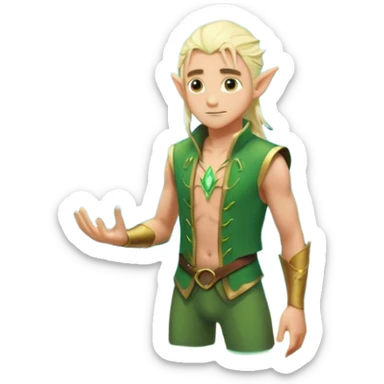 elf male legolas wading in shallow tide pool, palm emitting soft green light to heal glowing coral, practical open vest over bare chest, determined gaze, pointy ears, vibrant underwater plants, centered emoji, nature guardian summer sticker