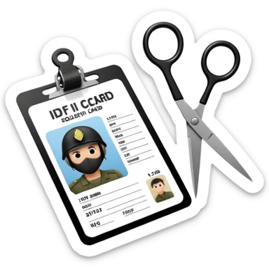 Floating black Scissors cutting an idf soldier ID card in 2 parts .hyper realistic sticker