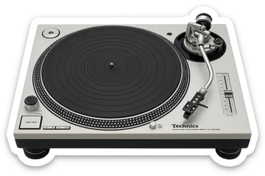 realistic Technics turntable, detailed platter and tonearm, iconic strobe dots, silver and black color scheme sticker