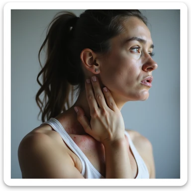 hyperrealistic 4K quality profile view of a woman with a suffering expression, one hand on the nape, tense and reddened neck and shoulder muscles, realistic details, light background sticker