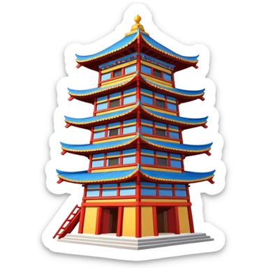 Dong minority drum tower wooden building, simplified emoji style with bold outlines and bright colors, cartoon style traditional wooden tower sticker