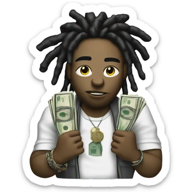 young hustler with dreads with a angry face  holding money with both hands wearing designer clothing sticker