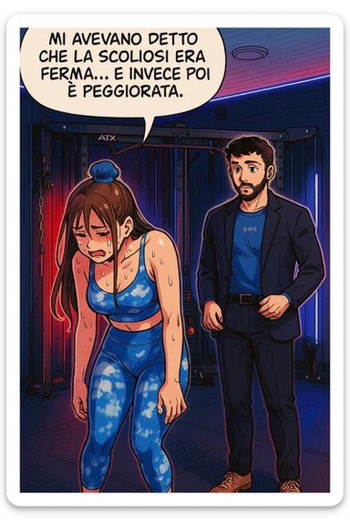 fai questa immagine in versione fumetto/manga/webtoon a colori, il manga mostra la donna disperata con un fumetto sulla testa che dice:
Mi avevano detto che la scoliosi era ferma… e invece poi è peggiorata.
 sticker