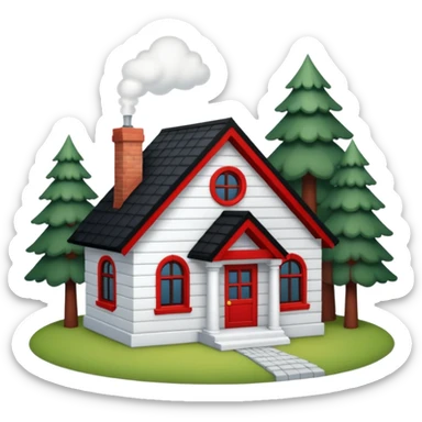 a one-story house with a forest background. The house is to have a white façade with red brick inserts.  the roof is to be black, gable. sticker