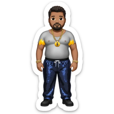 Fatman Scoop with dark brown hair, black sequin baggy pants, shirtless with necklace sticker