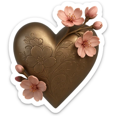 pink heart with sakura flowers, bronze style sticker