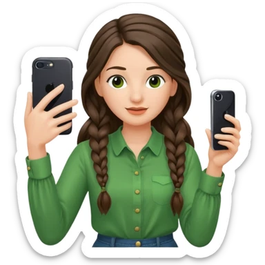 brunette long braided haired woman with green blouse holding her phone having selfie sticker