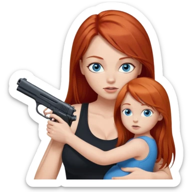 A red head with long straight hair, she has blue eyes with big boobs. She’s wearing a black tank top and holding a gun up in one hand and a baby boy with blue eyes sucking on one of her boobs in the other arm sticker