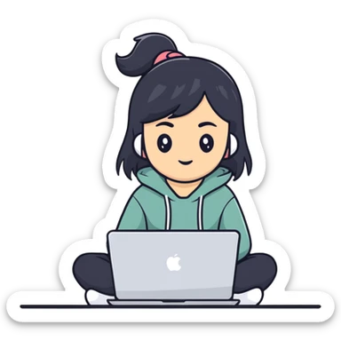 Asian girl with black hair sitting and watching a MacBook laptop sticker