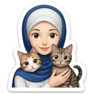 White girl wearing dark blue hijab with white shirt smiling while holding a black grey brown tabby cat sticker