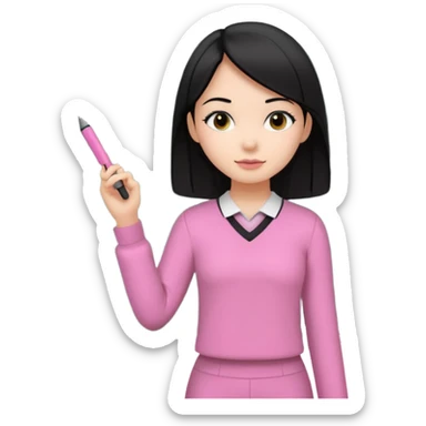 a girl with black straight like hair wearing pink not hot pink 2 piece set teaching up on a board sticker