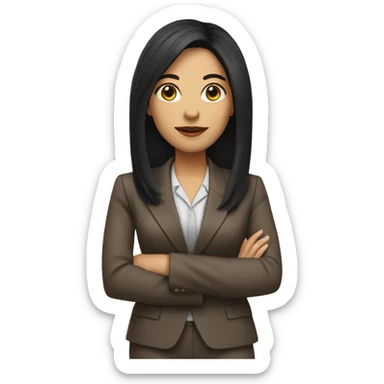 Female defense attorney with long black hair with brown suit sticker