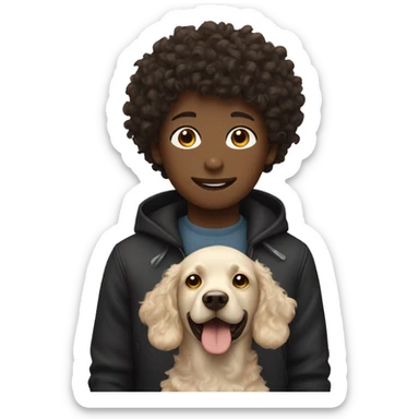 A curly haired boy and a black Labrador sticker
