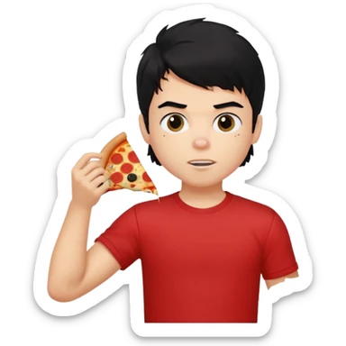 generate a pretty fair bratz boy with a messy mullet (black hair), wearing a red tshirt. eating pizza. He has big biceps sticker