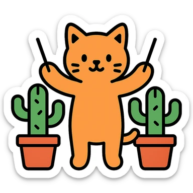 cat orchestrating with two cactae colored icon sticker