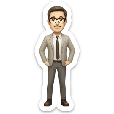 Full height Actively gesturing with hands Pale skinned fit man with dark brown hair in gray jacket, beige office shirt, brown tie, brown pants and vintage glasses. sticker