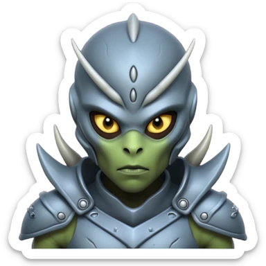 Portrait of a warrior alien with armored skin, glowing scars, sharp features, piercing eyes, and intense expression, front-facing sticker