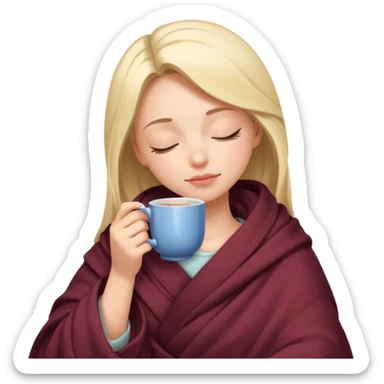 Girl wrapped in blanket eyes closed sipping tea sticker