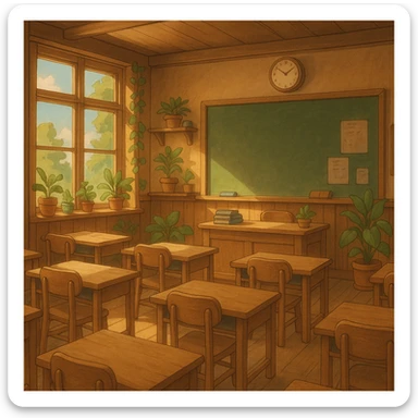 ghibli style cozy classroom with soft lighting, wooden furniture, and plants sticker