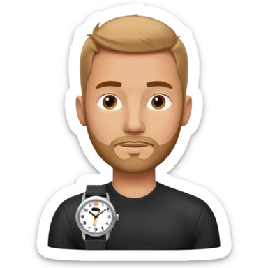 bearded man wearing a black strap watch portrait, head and shoulders only, oval face, short beard, relaxed confident look, black leather strap watch visible, 3D cartoon, mobile game icon style, clean background, no text, no watermark
 sticker