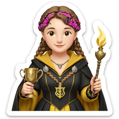Helga Hufflepuff,the Hogwarts founder of Hufflepuff,brown-haired,2braids,yellow-black medieval dress with black cloak decorated with gold braiding,flickering magic wand and tiny two-handled shiny gold cup engraved with the badger silhouette,very kind smile,curvy busty sweet sticker
